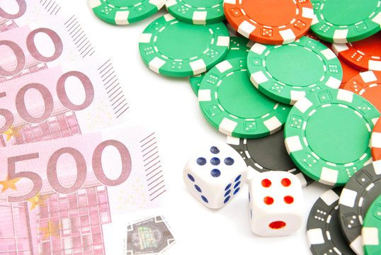 dices, euros and plastic chips