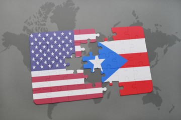 puzzle with the national flag of united states of america and puerto rico on a world map background