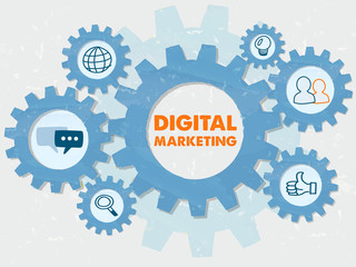 digital marketing and symbols in grunge flat design gears infogr