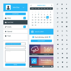 Set of flat design UI elements for website and mobile applications. Vector illustration. Icons, buttons, web elements