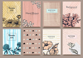 Set of Isolated creative background cards. Hand drawn vintage elements. Vector template banners for card, poster, invitation, flyer, party, wedding, brochure. Flower design collection