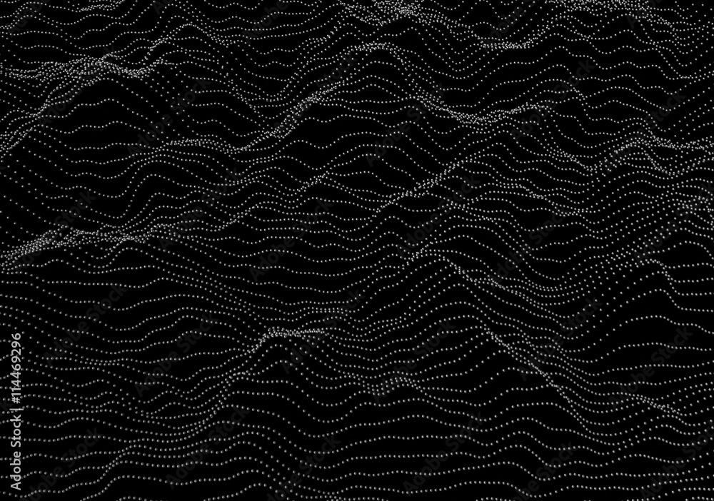 Poster abstract 3d rendering of waves with particles on black background. futuristic background with lines 