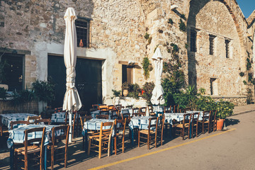Empty greek cafe on Crete Island, Greece
