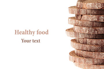 Pile of slices of black rye bread with a crispy crust on a white background. Decorative ending, border. Isolated. Concept art. Food background.