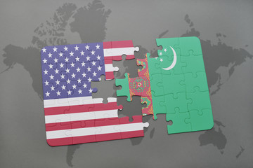 puzzle with the national flag of united states of america and turkmenistan on a world map background