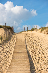 Wooden footpath through dunes at the ocean beach