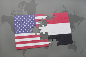 puzzle with the national flag of united states of america and yemen on a world map background
