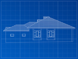 3D render of a building vector. The contours of houses on a blue drawing