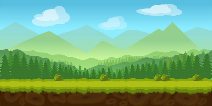 forest game background 2d  application. Vector design. Tileable horizontally. Size 1024x512. Ready for parallax effect
