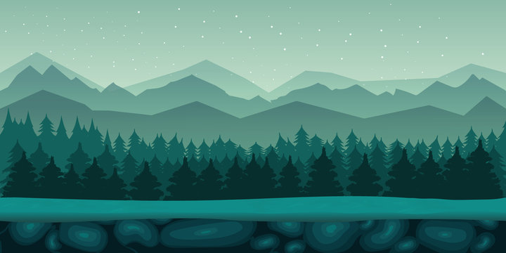 Seamless cartoon nature landscape with 2d game application. Vector design. Tileable horizontally. Size 1024x512. Ready for parallax effect
