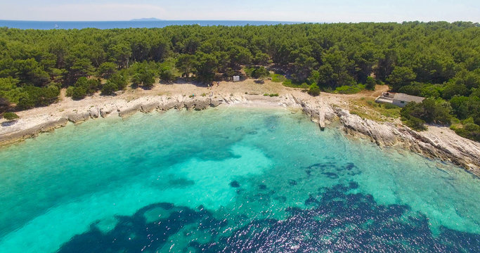 Proizd beach near dalmatian Island of Korcula ,Croatia.Beautiful peaceful island with crystal clear sea full of wildlife.Active summer diving location. Aerial view on beautiful beach.