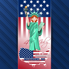 Independence Day card. 4 of July. Independence Day design with cute girl dressed as the Statue of Liberty, US flag, US map and greeting lettering on elegant blue background. Vector illustration