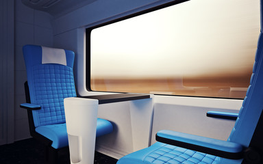 Fototapeta na wymiar Interior Inside First Class Cabin Modern Speed Express Train.Nobody Leather Chairs Window.Comfort Seats and Table Business Travel. 3D rendering.High Textured Row Materials. Motion Blurred Background.