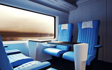 Interior Inside First Class Cabin Modern Speed Express Train.Nobody Leather Chairs Window.Comfortable Seats and Table Business Travel. 3D rendering.High Textured Row Materials. Motion Blur Background.