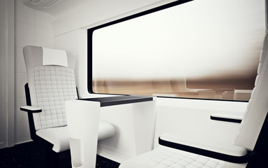 Interior Inside First Class Cabin Modern Speed Express Train.Nobody White Leather Chair Window.Comfortable Seat Table Business Travel.3D rendering.High Textured Row Material.Motion Blur Background.