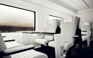Interior Inside First Class Cabin Modern Fast Express Train.Nobody White Leather Chair Window.Comfortable Seat Table Business Travel.3D rendering.High Textured Row Material.Motion Blur Background.