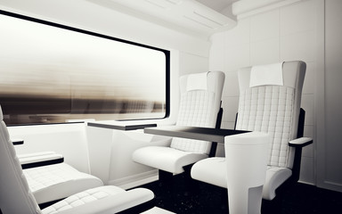 Interior Inside Vip Class Cabin Modern Fast Express Train.Nobody White Leather Chair Window.Comfortable Seat Table Business Travel.3D rendering.High Textured Row Material.Motion Blur Background.
