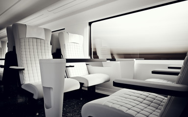 Interior Inside Private Class Cabin Modern Fast Express Train.Nobody White Leather Chair Window.Comfortable Seat Table Business Travel.3D rendering.High Textured Row Material.Motion Blur Background.