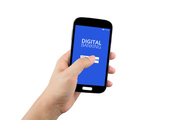 hand holding black smartphone with digital banking on the screen isolated on white background with clipping path