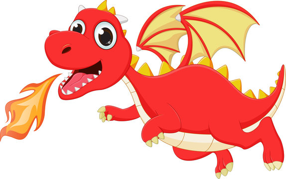 funny cartoon flying dragon with fire