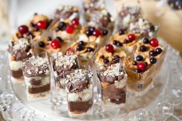 Sweet Dessert. Chocolate, nuts and berry pudding in small plasti