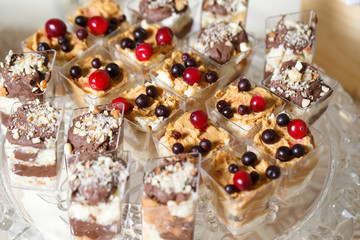 Sweet Dessert. Chocolate, nuts and berry pudding in small plasti