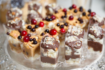Sweet Dessert. Chocolate, nuts and berry pudding in small plasti