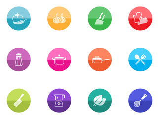 Cooking icons in color circles.