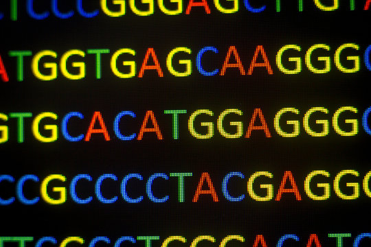 DNA sequence with colored letters on black background