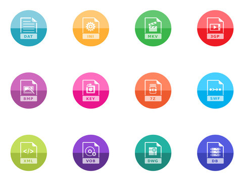 File format icon series in color circles.
