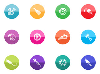 Motorcycle parts icons in color circles.