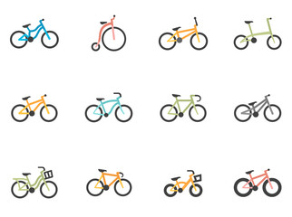 Bicycle type icons in flat colors style.
