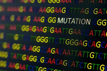 Fotobehang DNA sequence with colored letters on black background containing mutation © Catalin