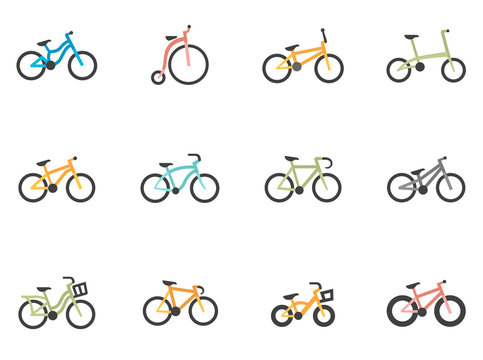 Bicycle type icons in flat colors style.