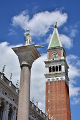 St Theodore ancient column and St Mark Campanile in Venice