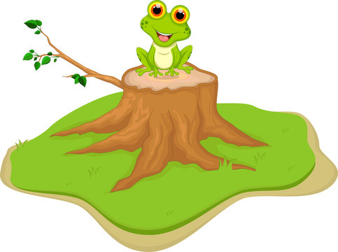 funny green frog cartoon sitting on tree stump