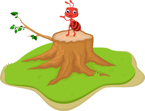 funny red ant cartoon on tree stump