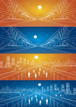 Two transportation panoramic, train rides on the bridge, night city, vector infrastructure set, people walk on the square, two train move over bridges, vector design art