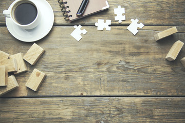 notebook,puzzle and wooden blocks