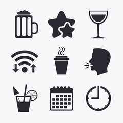 Drinks signs. Coffee cup, glass of beer icons.