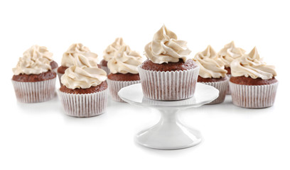 Tasty chocolate cupcakes, isolated on white