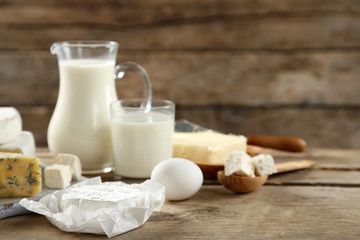 Dairy products on wooden table