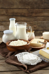 Dairy products on wooden table