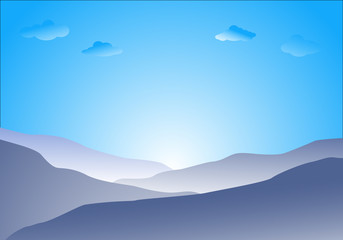 Fototapeta na wymiar Flat landscape of blue mountain, cloud and sun with copy space.