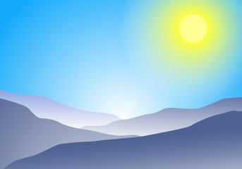 Obraz premium Flat landscape of blue mountain, cloud and sun with copy space.
