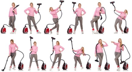 Young woman with vacuum cleaner on white