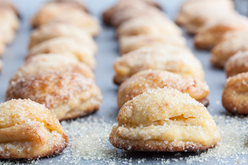 Cottage cheese cookies sprinkled with sugar. Shallow depth of field