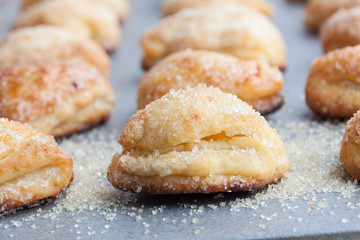 Cottage cheese cookies sprinkled with sugar. Shallow depth of field