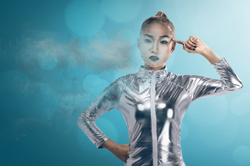 Young pretty asian woman inside digital world