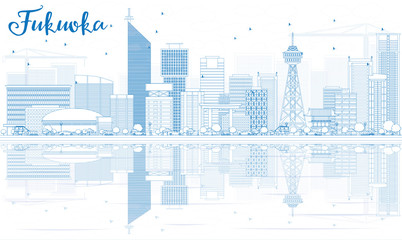 Outline Fukuoka Skyline with Blue Landmarks and Reflections.